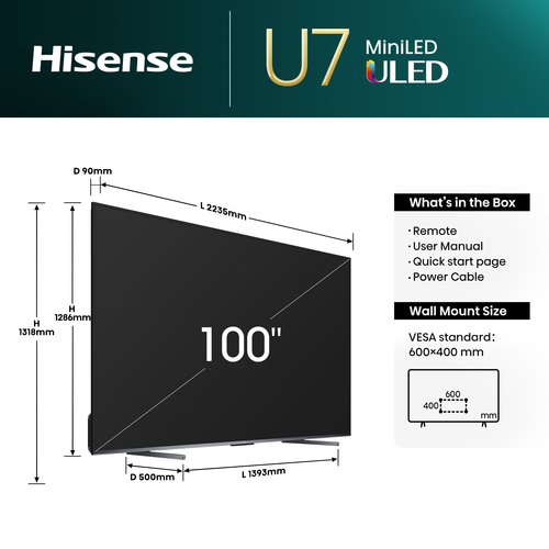 Hisense U7N 100U7NQTUK TV 2.54 m (100") 4K Ultra HD Smart TV Wi-Fi Black, Grey 500 cd/m² – image 3