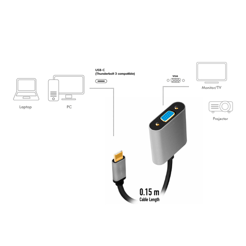 LogiLink CUA0104 video kabel adapter 0,15 m USB Type-C VGA (D-Sub) Zwart, Grijs, afbeelding 3