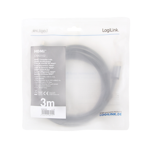 LogiLink CHA0102 HDMI kabel 3 m HDMI Type A (Standaard) Zwart, Grijs, afbeelding 3