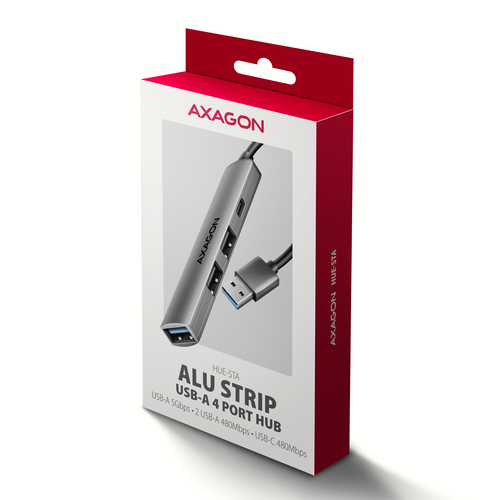 Axagon HUB USB HUE-STA, 4x USB ALU STRIP hub, 1x USB-A 5Gbps, 2x USB-A & 1x USB-C 480Mbps, kabel USB-A 12cm – image 7