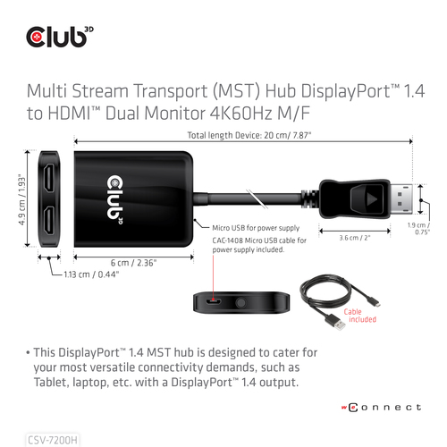 Club 3D Multi Stream Transport Hub DisplayPort 1.4 naar 2x HDMI Dual Monitor 4K60Hz adapter, afbeelding 3