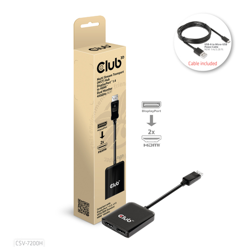 Club 3D Multi Stream Transport Hub DisplayPort 1.4 naar 2x HDMI Dual Monitor 4K60Hz adapter, afbeelding 2