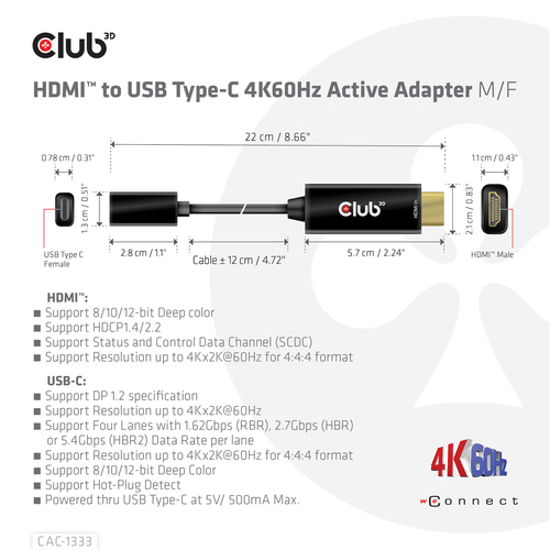 Club 3D HDMI to USB Type-C 4K60Hz Active Adapter M/F, afbeelding 4