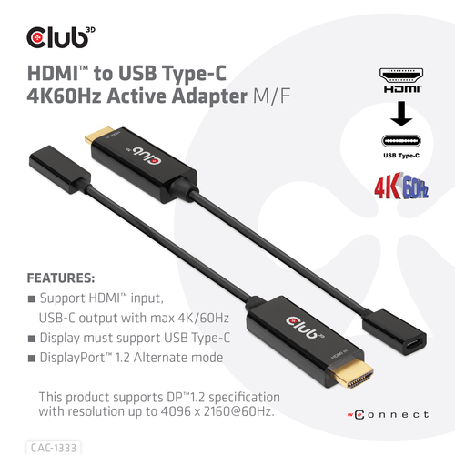 Club 3D HDMI to USB Type-C 4K60Hz Active Adapter M/F, afbeelding 3