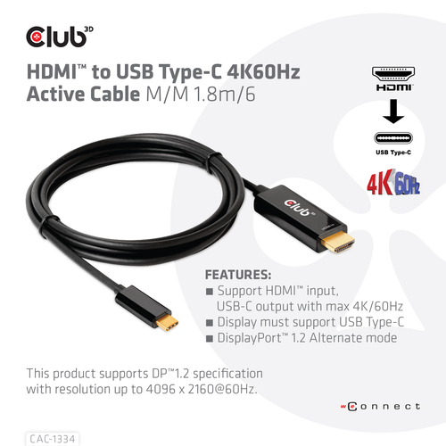 CLUB3D HDMI to USB Type-C 4K60Hz Active Cable M/M 1.8m/6 ft, afbeelding 3