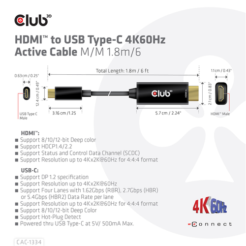 CLUB3D HDMI to USB Type-C 4K60Hz Active Cable M/M 1.8m/6 ft, afbeelding 4