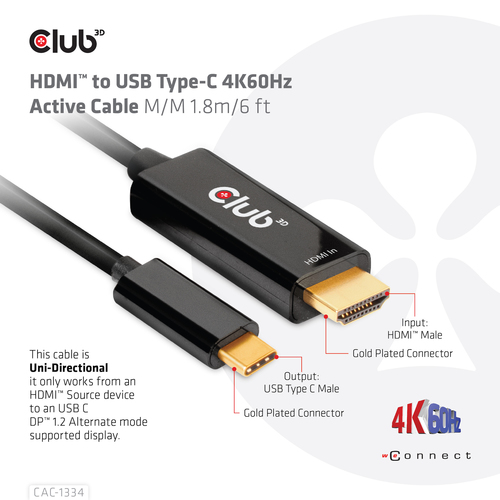 CLUB3D HDMI to USB Type-C 4K60Hz Active Cable M/M 1.8m/6 ft, afbeelding 6