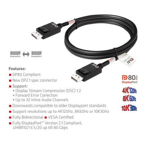 Club 3D Displayport 2.1 VESA DP80 gecertificeerde kabel male-male, afbeelding 5