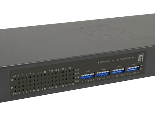LevelOne 34-Port Fast Ethernet PoE Switch, 802.3at/af PoE, 32 PoE Outputs, 2 x Gigabit RJ45 – image 2