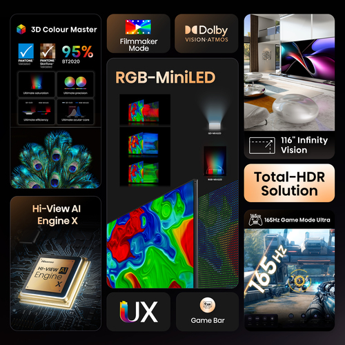 Hisense 116" UXQTUK Tri-Chroma RGB MiniLED Smart AI TV with Freely – image 3