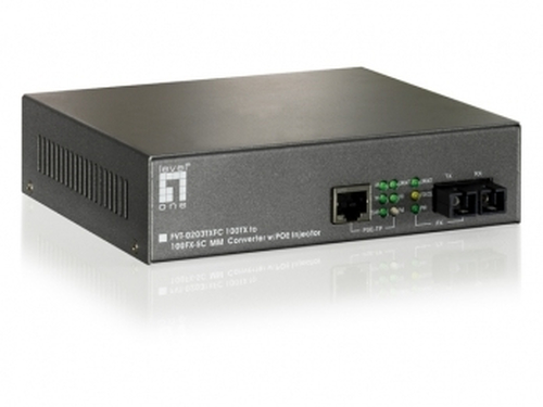 LevelOne 10/100BASE-TX to 100BASE-FX MMF SC PoE Converter, 15.4W