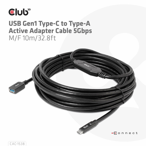 CLUB3D USB Gen1 Type-C to Type-A Active Adapter Cable 5Gbps M/F 10m/32.8ft, afbeelding 7