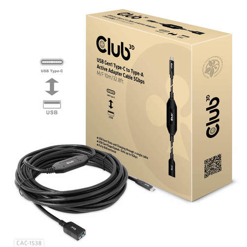 CLUB3D USB Gen1 Type-C to Type-A Active Adapter Cable 5Gbps M/F 10m/32.8ft, afbeelding 2