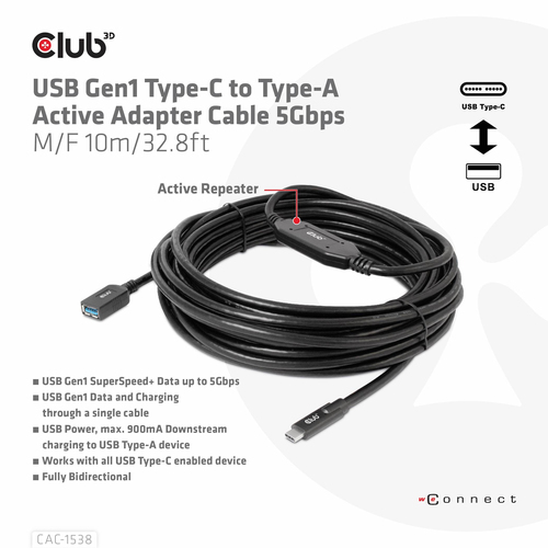 CLUB3D USB Gen1 Type-C to Type-A Active Adapter Cable 5Gbps M/F 10m/32.8ft, afbeelding 3