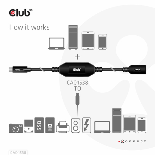 CLUB3D USB Gen1 Type-C to Type-A Active Adapter Cable 5Gbps M/F 10m/32.8ft, afbeelding 5