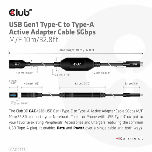 CLUB3D USB Gen1 Type-C to Type-A Active Adapter Cable 5Gbps M/F 10m/32.8ft, afbeelding 4