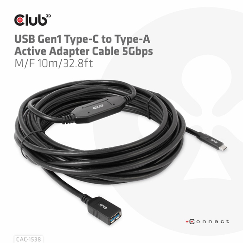 CLUB3D USB Gen1 Type-C to Type-A Active Adapter Cable 5Gbps M/F 10m/32.8ft, afbeelding 6
