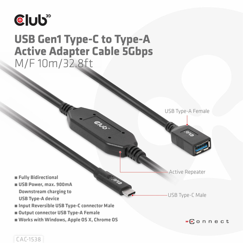 CLUB3D USB Gen1 Type-C to Type-A Active Adapter Cable 5Gbps M/F 10m/32.8ft, afbeelding 8