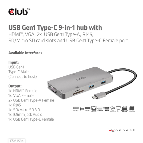 Club 3D USB Gen 1 Type-C 9-in-1 Hub dockingstation, afbeelding 9