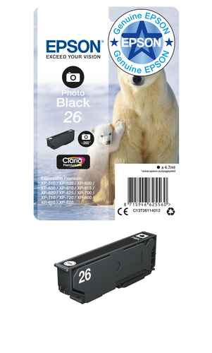 Epson Polar bear 26 Claria Premium Single Photo Black Ink