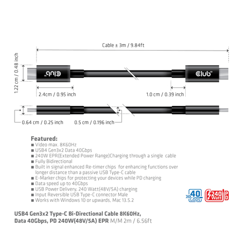 Club 3D USB-C 4 Gen 3x2 kabel, afbeelding 6