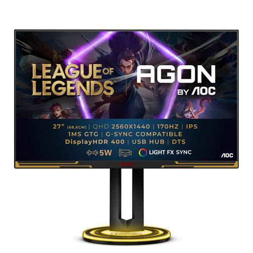 AG275QXL MONITOR GAMER AG275QXL AOC 27 / PANEL IPS / 144 - 170 HZ / TDR 1 MS / AMD FREE SYNC / COLOR NEGRO Y DORADO / HDMI / VGA / DISPLAYPORT / ASPECTO 169 / RESOLUCION 2560 X 1440 / BRILLO 350 CD/M2 AG275QXL