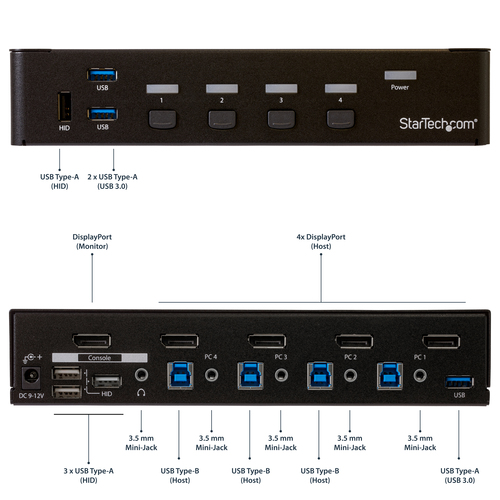 StarTech.com 4 Port DisplayPort KVM - DP KVM Audio and Built-in USB 3.0 Hub for Peripherals - 4K 30Hz (SV431DPU3A2) KVM / USB switch Monterbar på stativ – billede 7