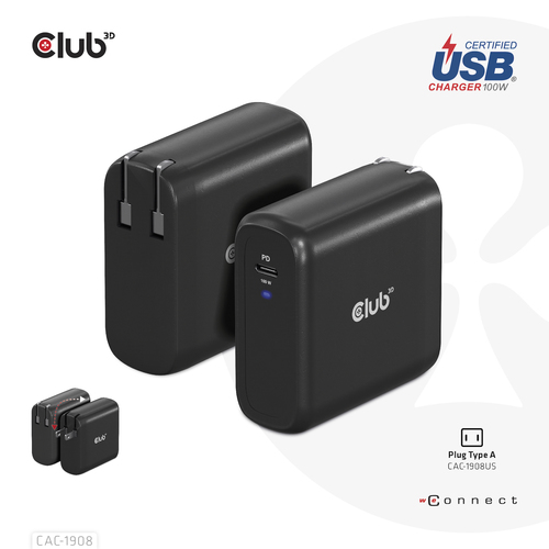 Club3D CAC-1908EU GAN Travel Adapter 100Watt USB-C PD Sort – billede 3