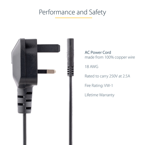 StarTech.com 3ft (1m) UK Laptop Power Cable, BS 1363 to C7, 2.5A 250V, 18AWG, Black, AC Notebook/Laptop Replacement Cord, Printer Cable, UK Laptop Charger Cord, BS 1363 to IEC60320 C7 - Power Brick Cord Strømkabel 1m Sort – billede 6