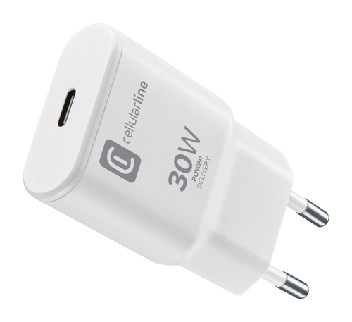 Cellularline GAN Wall Charger USB-C 30W PD Ноутбук, Универсальная Белый Кабель переменного тока Быстрая зарядка Для помещений