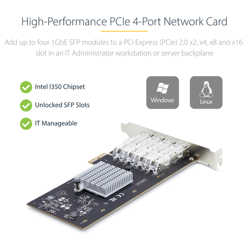 StarTech.com 4-Port GbE SFP Network Card, PCIe 2.0 x2, Intel I350-AM4 4x 1GbE Controller, 1000BASE Copper/Fiber Optic, Quad-Port NIC, Desktop/Server Backplanes - Windows and Linux Compatible (P041GI-NETWORK-CARD) Netværksadapter PCI Express 2.0 x2 1Gbps – billede 7