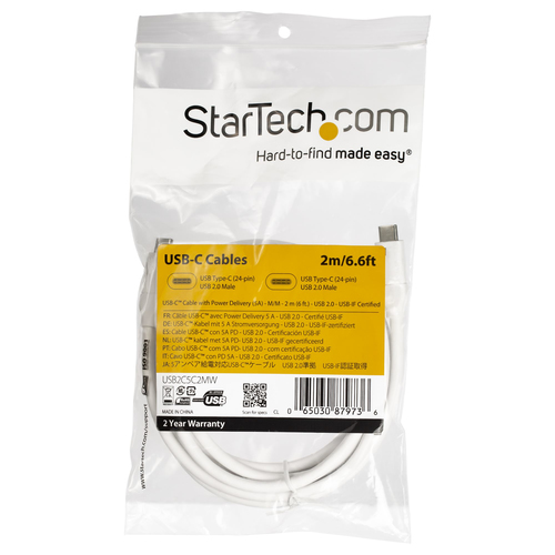 StarTech.com USB C to USB C Cable - 6 ft / 2m - 5A PD - M/M - White - USB 2.0 - USB-IF Certified - USB Type C Cable - USB C Charging Cable (USB2C5C2MW) USB Type-C kabel 2m Hvid – billede 5