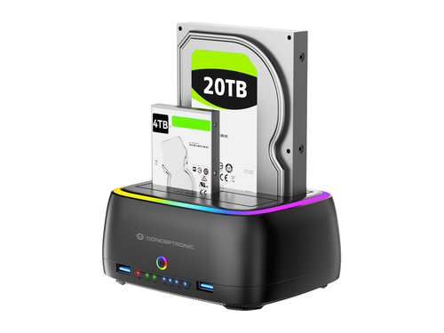 Conceptronic DONN36B Dual-bay RGB Hard Drive Docking Station, for 2.5/3.5-Inch HDD SSD, 2 x USB A, SD/TF Card Reader, UASP – image 3