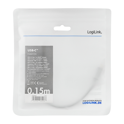 LogiLink CUA0103 tussenstuk voor kabels USB 3.2 Gen1 Type-C HDMI-A Zwart, Grijs, afbeelding 3