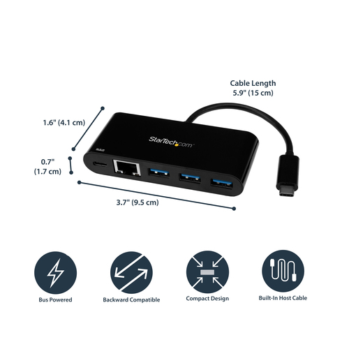 StarTech.com USB-C to Ethernet Adapter with 3-Port USB 3.0 Hub and Power Delivery – image 9