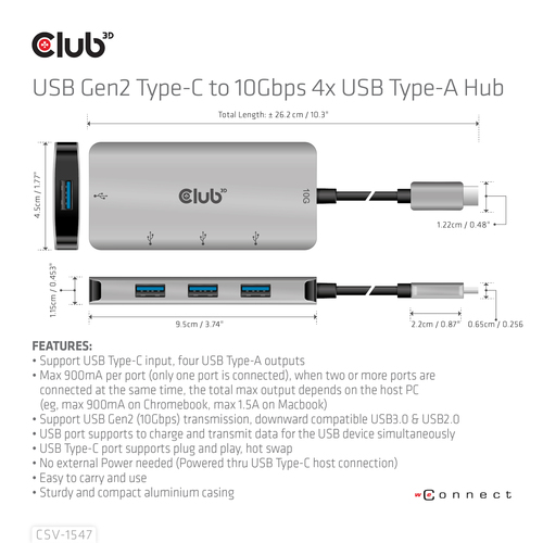 Club 3D USB-C Gen2 > 4x USB-A 10Gbps usb-hub, afbeelding 8