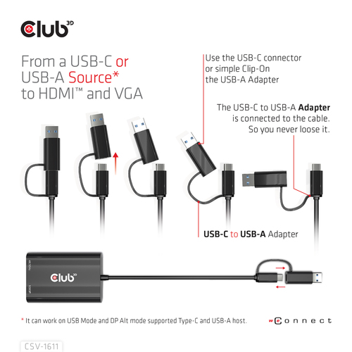 Club 3D USB Gen1 Type-C/-A to Dual HDMI (4K/30Hz) / VGA (1080/60Hz) adapter, afbeelding 10