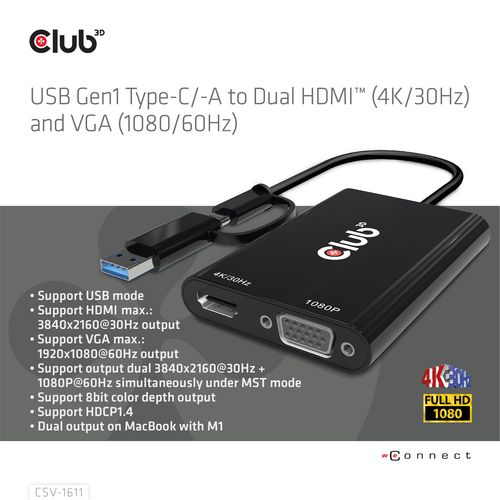 Club 3D USB Gen1 Type-C/-A to Dual HDMI (4K/30Hz) / VGA (1080/60Hz) adapter, afbeelding 7