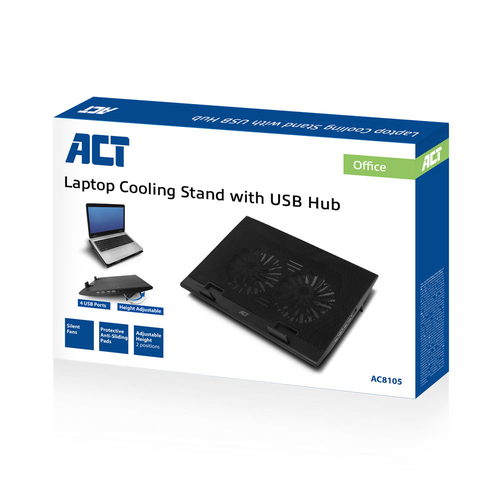 ACT Laptopstandaard, met ventilator, hoogte verstelbaar in 2 standen, 4-poorts hub, afbeelding 4