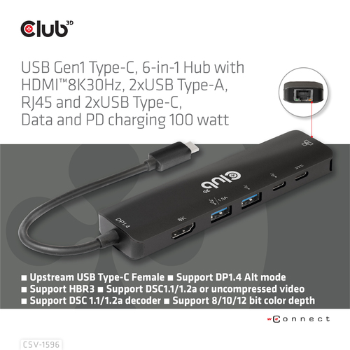 Club 3D USB Gen1 Type-C 6-in-1 Hub dockingstation, afbeelding 7