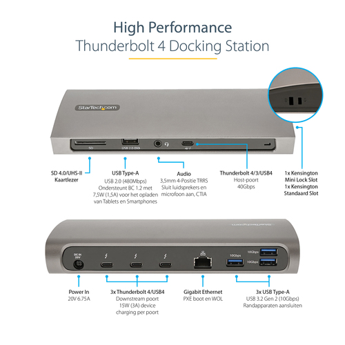 StarTech.com Thunderbolt 4 Dock, 96W Power Delivery, Single 8KDual Monitor 4K 60Hz, 3xTB4USB4 ports, 4xUSB-A, SD, GbE, Thunderbolt 4 Docking Station, afbeelding 8