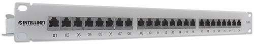 Intellinet 24-Port Cat6 Patchpanel, geschirmt, FTP, 1 HE, Klemmleisten mit 90 Grad abgewinkelten Kabeleinführungen