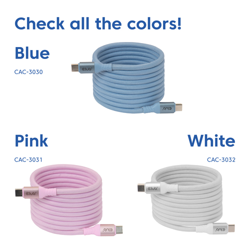 Club 3D USB-C Magnetic-Coil 240W PD3.1 Blue Cable, 2 meter kabel, afbeelding 4
