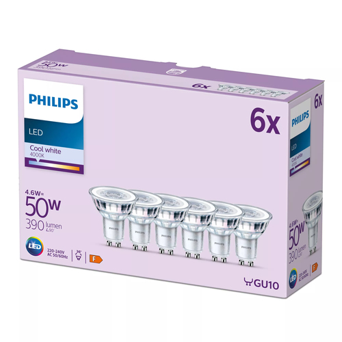 Philips LED Classic Spot Light Bulb 6-Pack – GU10, 50W, Cool White 4000K, Non-Dimmable, Indoor Home Lighting - image 2
