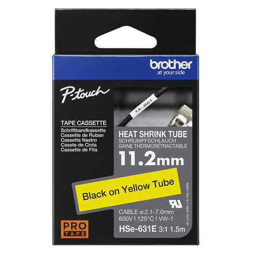 Brother Hse Heat Shrink Tube Tape 11mm x 1.5m Black on Yellow HSE631E - image 2