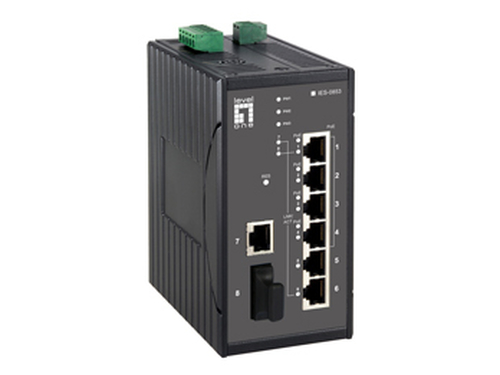 LevelOne 4 x 802.3at PoE + 3 FE + 1 MM SC Web Smart Switch -40 ~ 75C, DIN-rail