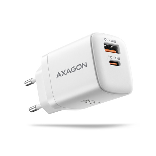 AXAGON ACU-PQ33W, GaN wall charger 33W, USB-A + USB-C, PD3.0/PPS/QC4+/SFC2.0/Apple, white