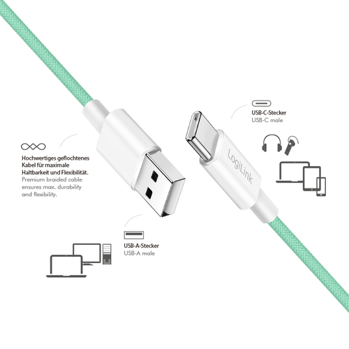 Product image: LogiLink USB 2.0 Type-C cable, C/M to A/M, nylon jacket, 60W, green, 0.5 m