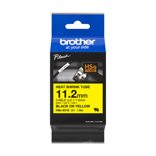 Brother Hse Heat Shrink Tube Tape 11mm x 1.5m Black on Yellow HSE631E - image 1