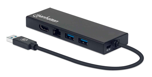 Manhattan USB-A Dock/Hub, Ports (x5): Ethernet, HDMI, USB-A (x2) and VGA, Micro-USB Power Input Port (Optional, only when additional power needed. Not required